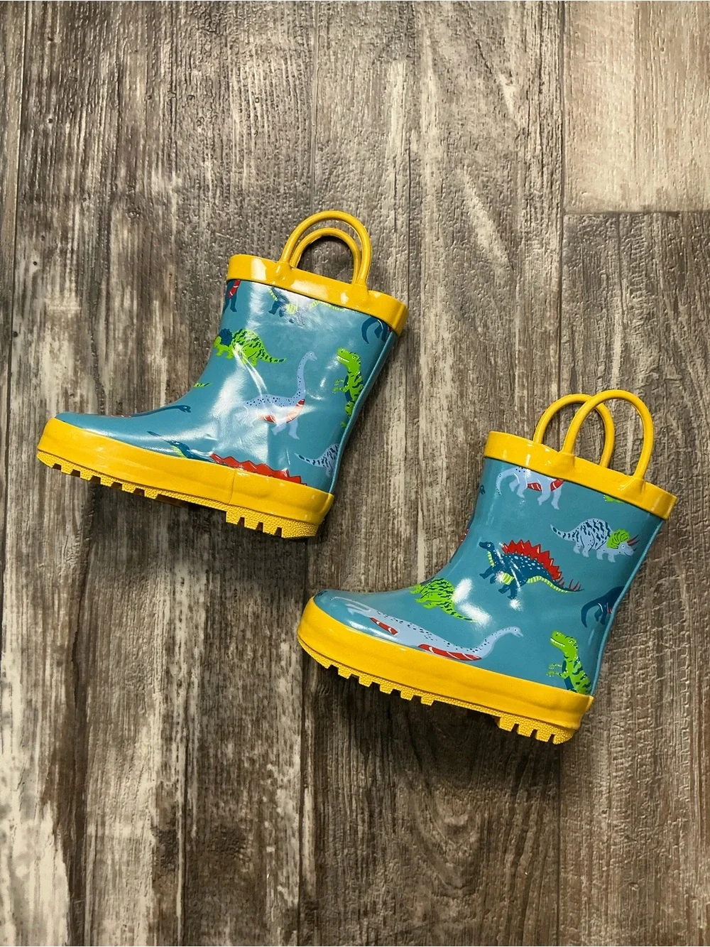 Toddler Yellow-Trim Blue Dinosaur Rain Boots Size 6